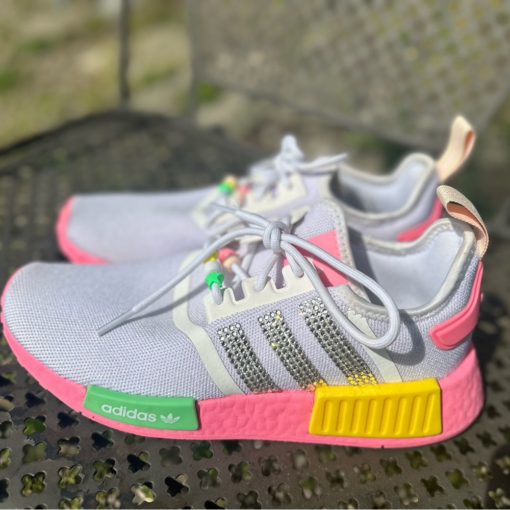 Pink and White Women’s Adidas NMD with Swarovski Crystals Size 6